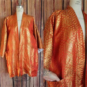 Vintage Man's Kimono, Short Haori in Orange and Gold with Asian Medallion Print,